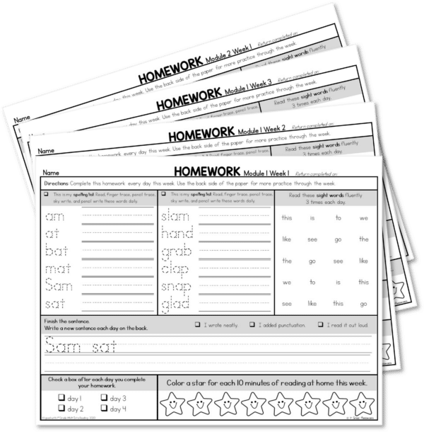 Print and Go weekly homework for 1st grade HMH Into Reading spelling, challenge spelling, sight word, sentence writing, and daily reading at home practice.