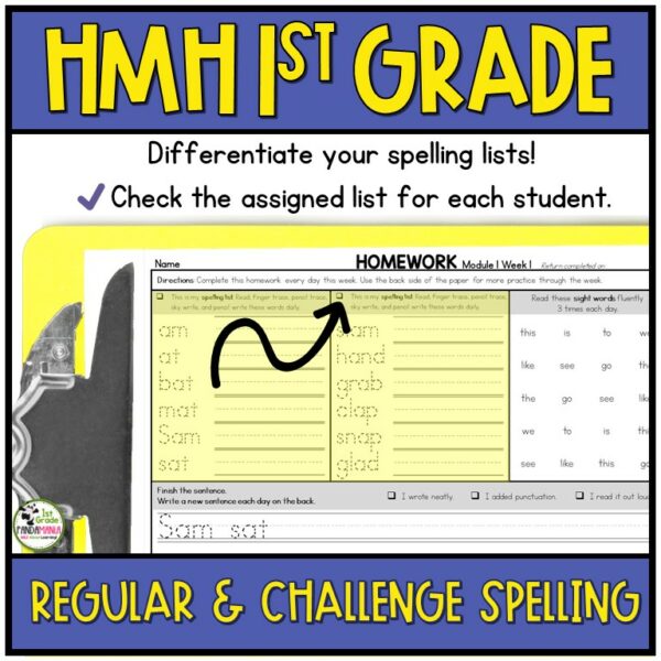 Print and Go weekly homework for 1st grade HMH Into Reading spelling, challenge spelling, sight word, sentence writing, and daily reading at home practice.