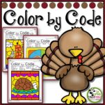 A Thanksgiving themed color by number math worksheet for kids