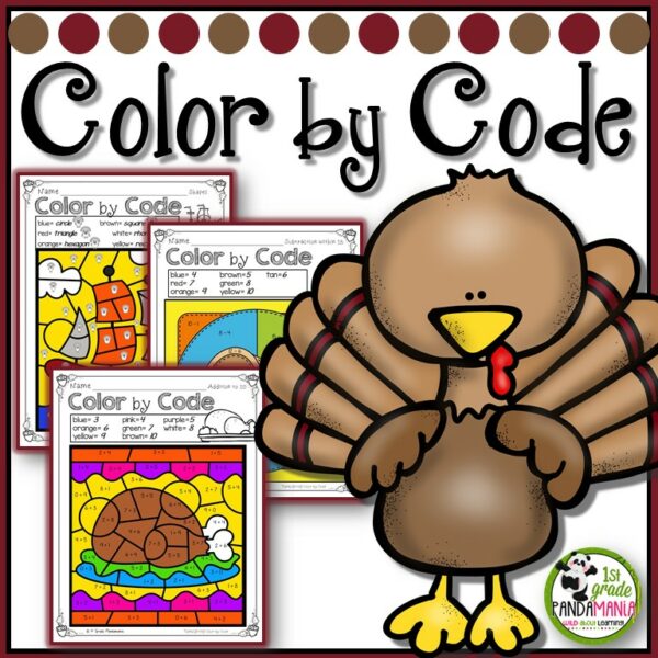 A Thanksgiving themed color by number math worksheet for kids