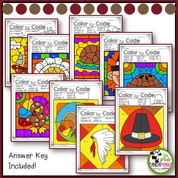 A Thanksgiving themed color by number math worksheet for kids