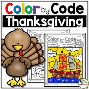 A Thanksgiving themed color by number math worksheet for kids