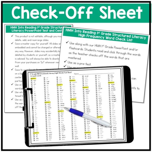 a clipboard and a pen on a check-off sheet